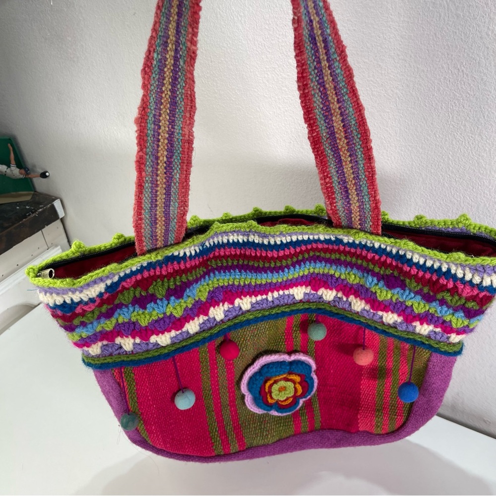 Large Boho Crochet Fun Colorful Striped Pink Purple Tote Bag Hippie Gypsy